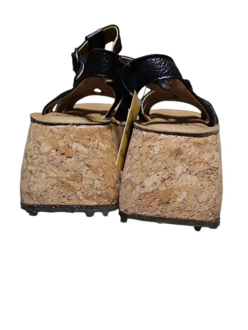 Fly London Coil Platform Black Leather T-Strap Cork Sandals-NEW